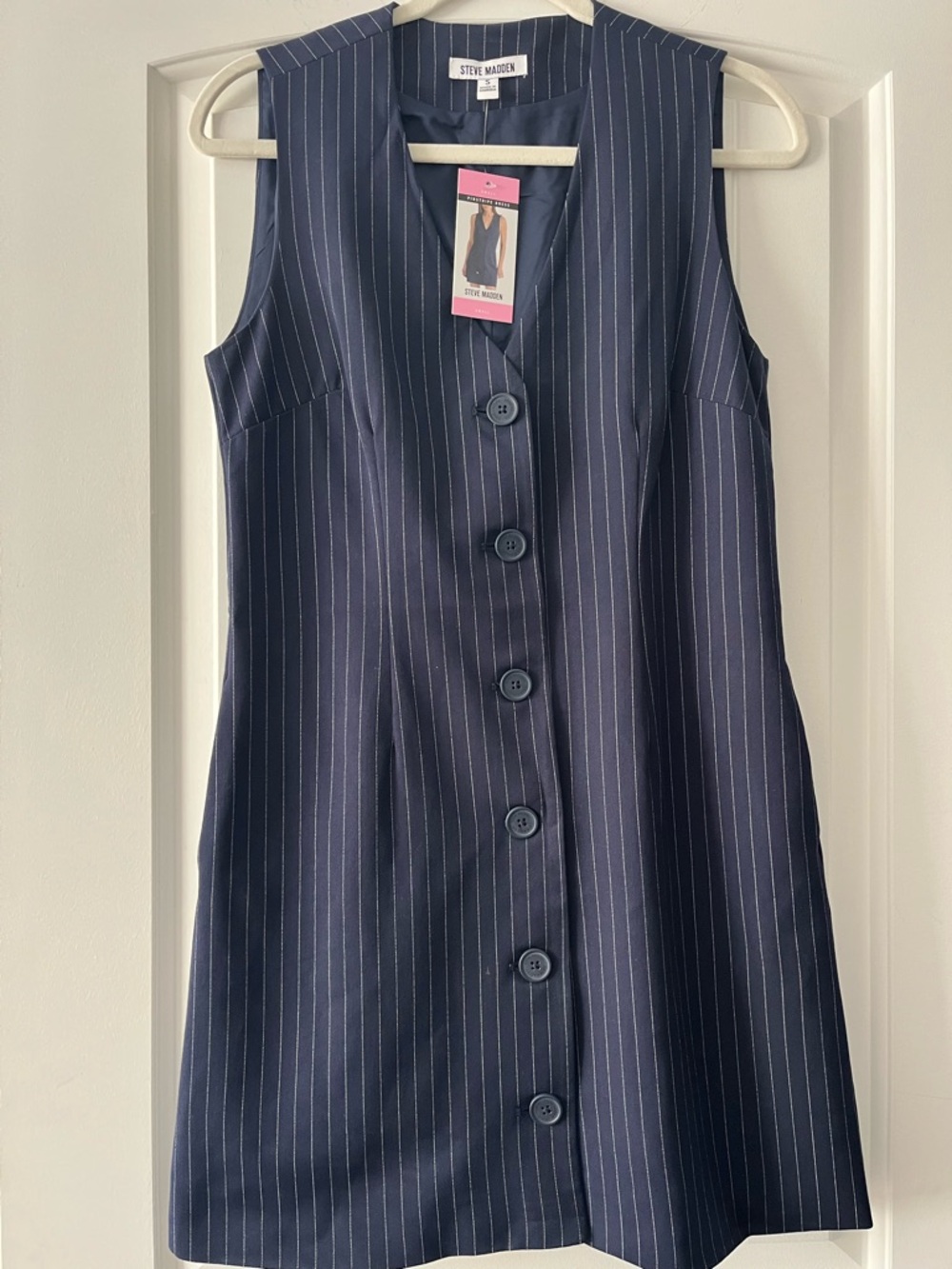 Steve Madden Navy Pinstripe Sleeveless Button-Front Dress